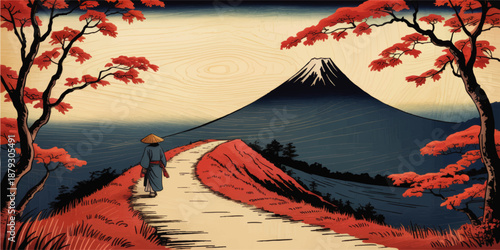 Samurai traveler on mountain path to Fuji at sunrise, Japanese ukiyo-e style landscape with red maple trees and vintage woodcut texture