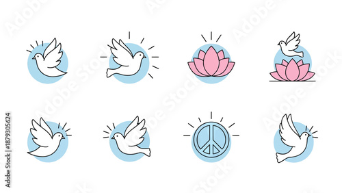 Peace Symbols and Doves Set: Vector Icons