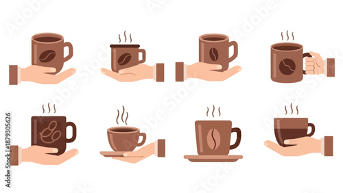 Hands Holding Coffee Mugs with Steam - Vector Art Collection