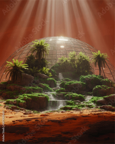 Futuristic biodome oasis on red desert planet with lush tropical forest, cascading waterfalls and sunlight rays, sci fi landscape illustration