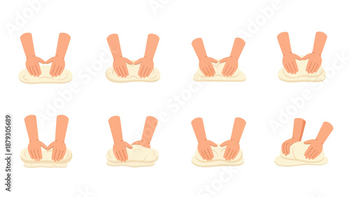 Hands Kneading Dough Sequence Flat Design Vector Illustration