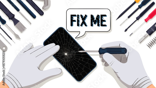 Mobile phone screen repair service with technician hands, cracked smartphone display, electronic fix tools, flat design illustration