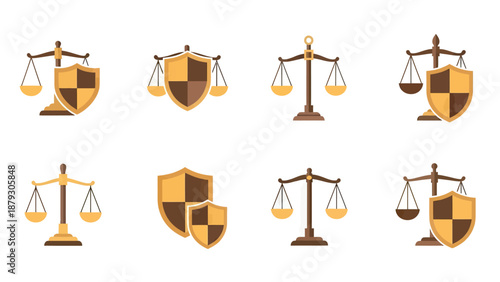 Scales of Justice and Shield Icons Set