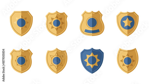 Police Badge Icons Set - Golden and Blue Sheriff Star Emblems
