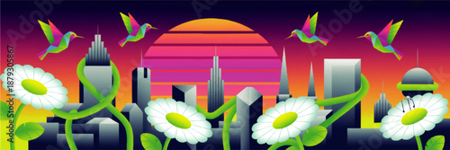 Neon hummingbirds over futuristic city skyline at sunset with giant daisies and green vines, vibrant surreal nature illustration