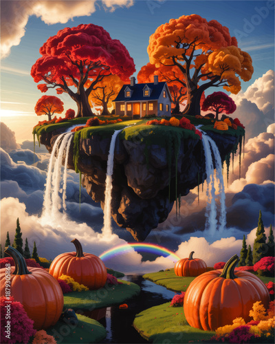 Magical floating island house with autumn trees, waterfalls and pumpkins over fantasy landscape with rainbow at sunset sky