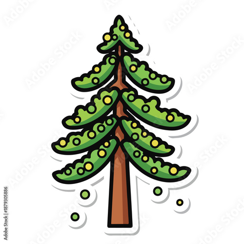 A cartoonish pine tree with green branches and yellow ornaments