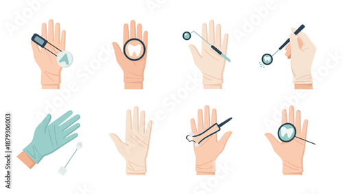 Dental Care Hands with Tools and Tooth Icons