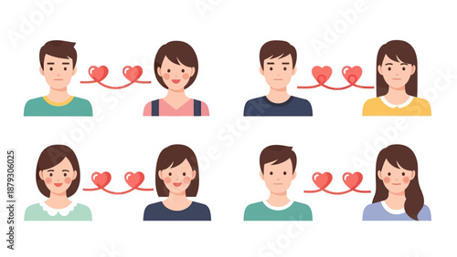 Diverse Couples Connected by Hearts, Vector Illustration