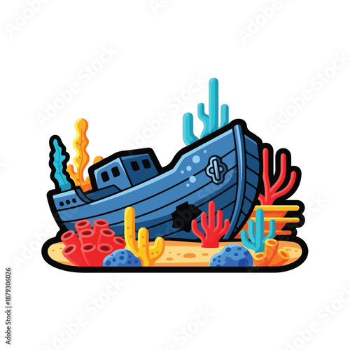 A cartoonish sunken ship surrounded by coral