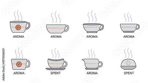 Collection of Coffee Cup Icons with Steam and Labels