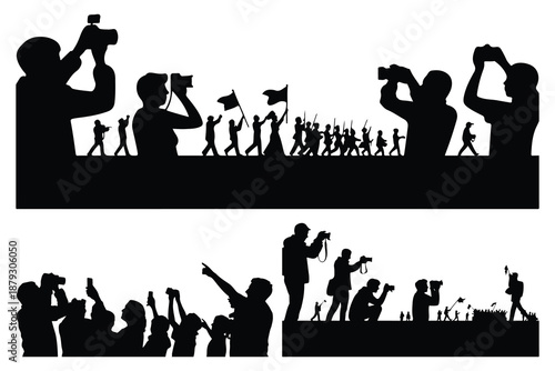 Silhouettes of People Marching and Filming with Cameras