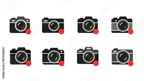 Set of eight camera icons with red dot indicator, flat design