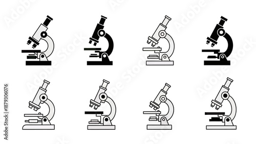 Microscope Icons Set: Black, White, and Outline Styles