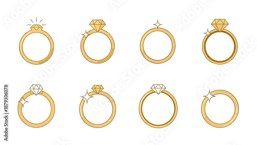 Set of Golden Diamond Rings with Sparkle Accents