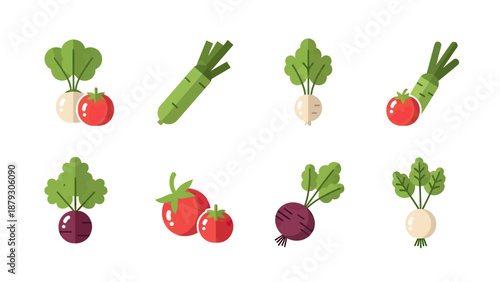 Flat Design Vegetables Collection: Radishes, Tomatoes, and Leeks