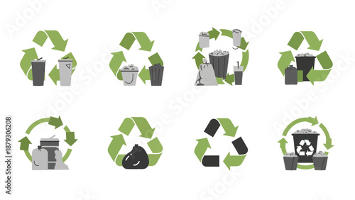 Recycling Symbol with Trash Bins and Bags Vector Pack