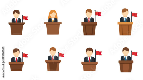 Diverse Politicians at Podiums with Flags Vector Icons Collection