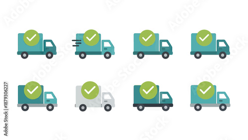 Delivery Truck Icons with Checkmark - Set of 8