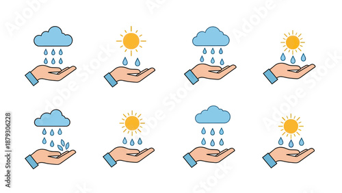 Weather Icons: Hand Holding Sun and Rain Droplets