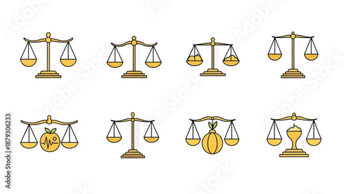 Set of Golden Scales of Justice and Balance Icons