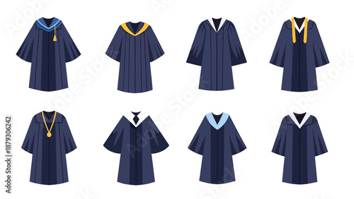 Graduation Gowns Set: Academic Attire and Regalia Icons