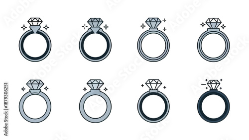 Diamond Ring Icons Set in Flat Style