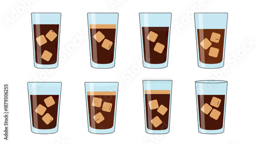 Eight Glasses of Iced Coffee with Ice Cubes, Flat Design