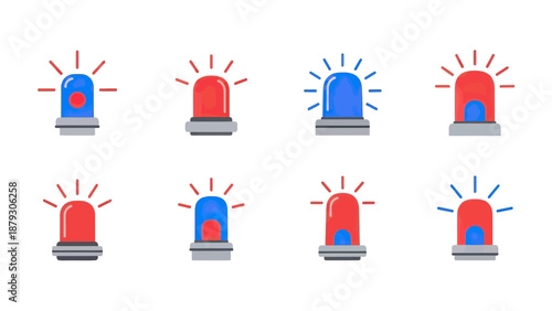 Set of Red and Blue Flashing Siren Lights Icons