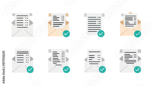 Set of Icons: Document in Envelope with Checkmark
