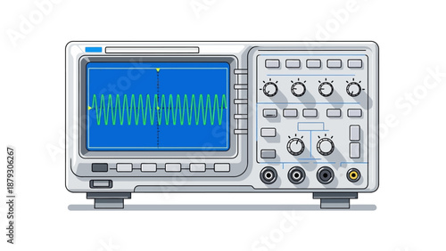 An oscilloscope displaying a green sine wave on its blue screen.
