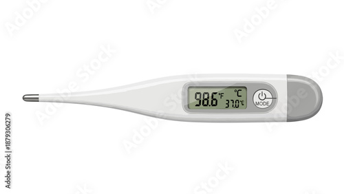 Digital thermometer showing normal body temperature isolated on a white background.