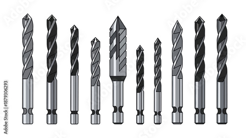 Collection of various drill bits for different materials and drilling tasks.