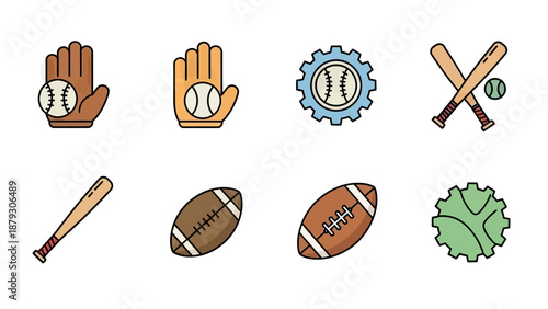 Sports Equipment Icons with Gears: Baseball, Football and Gear Vector Set