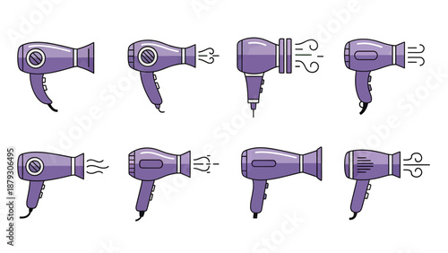Collection of Purple Hair Dryers with Airflow, Vector Illustration