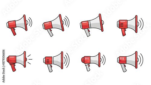 Red and White Megaphone Icons Set - Announcement and Alert Symbols