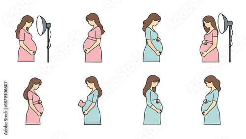 Pregnant Woman Stages Progression Vector Illustration