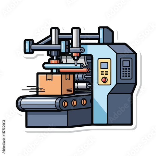 A cartoon-style illustration of a machine packaging a box