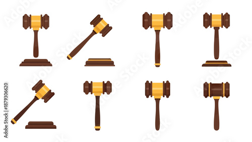 Judgement Gavel Set: Multiple Angles, Legal Symbol Vector