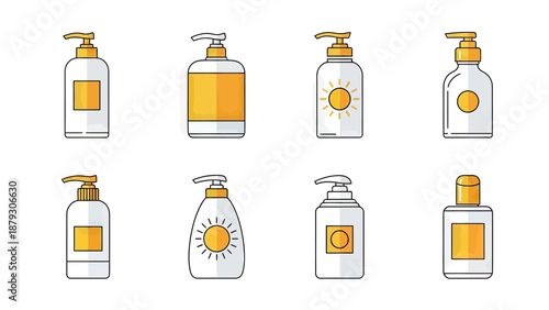 Set of Sunscreen Bottles with Orange Labels and Sun Icons