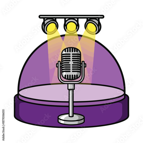 A cartoon-style illustration of a microphone on a stage