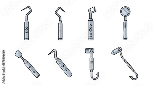 Dental Tools Collection: Scalers, Mirror, Probe Vector Illustration