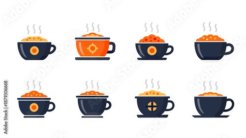 Set of 8 Hot Soup Bowls with Steam, Vector Illustration