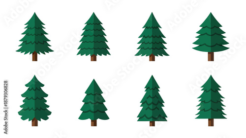 Set of Evergreen Pine Trees in Green and Brown Tones