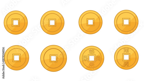 Antique Chinese Coins with Square Holes - Flat Design