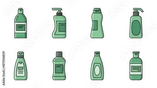 Set of Various Green Lotion and Soap Bottles Vector Illustration