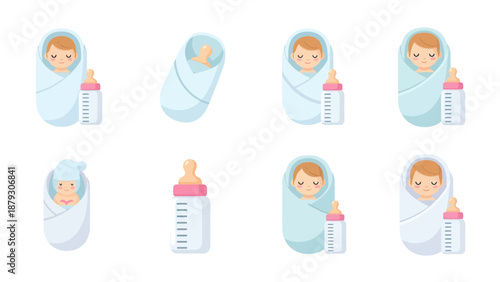 Cute Newborn Babies Wrapped in Swaddles with Feeding Bottles Icon Set