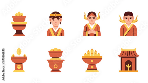 Ancient Asian Figures and Ritual Objects Vector Art