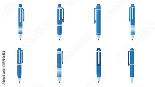 Collection of Blue Ballpoint Pens, Flat Design Elements