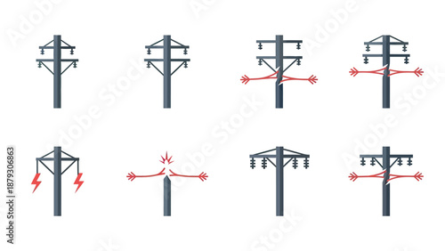 Power Line Icons: Electricity Poles and Danger Symbols